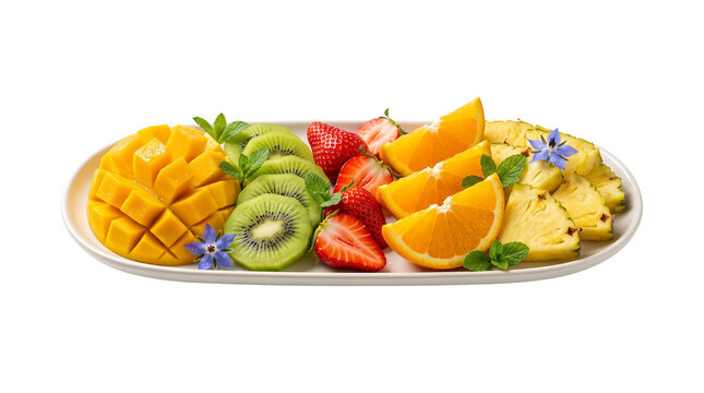 Fresh tropical fruit platter with sliced mango, kiwi, strawberries and orange. Colorful fruit salad plate for healthy breakfast catering.
