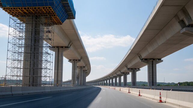 Concrete overpass highway construction site with support pillars and scaffolding bridge construction infrastructure project civil engineering