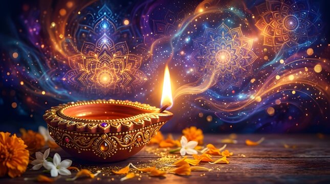 Traditional diwali diya lamp with glowing mandala light background