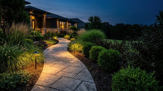 Illuminated backyard stone walkway features warm landscape lighting integrated among ornamental grasses and garden beds at dusk.