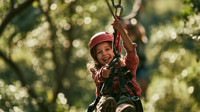 Happy child tries zip line with joy during sunny day in the forest Generative AI