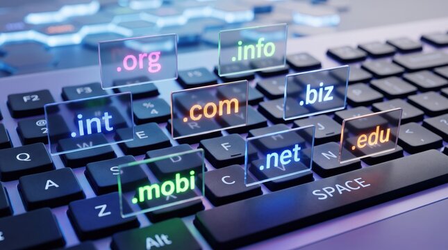 Top level domain names floating above computer keyboard, internet address extension, web hosting service provider comparison guide, domain registrar pricing renewal transfer
