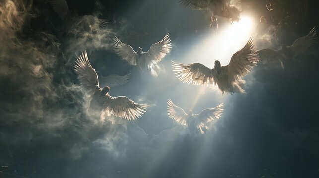 Isaiah shows a vision of a throne room with seraphim flying in smoke and brilliant light Generative AI