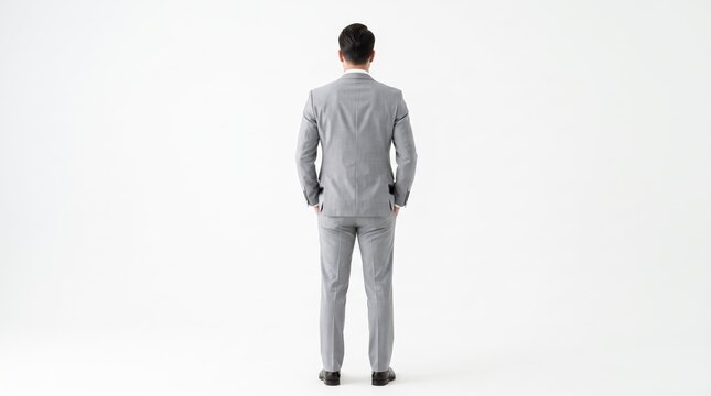 Rear view of businessman standing alone in grey suit against isolated white, corporate professional attire, formal wear fashion, minimalist composition, for text, confident posture