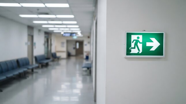 A prominent green emergency exit sign with an arrow and running person icon is clearly visible in a brightly lit, empty hospital or clinic hallway, indicating a safe escape route