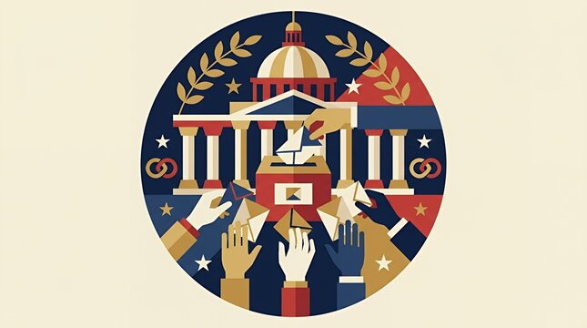 Hands reaching toward government building in circular design.