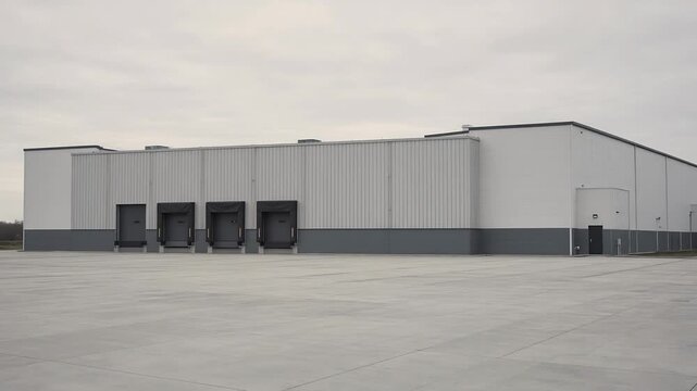 Exterior View of an Empty Warehouse with Loading Docks Under a Cloudy Sky in an Industrial Area