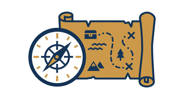 Vintage treasure map scroll with a compass vector icon isolated on a white background.