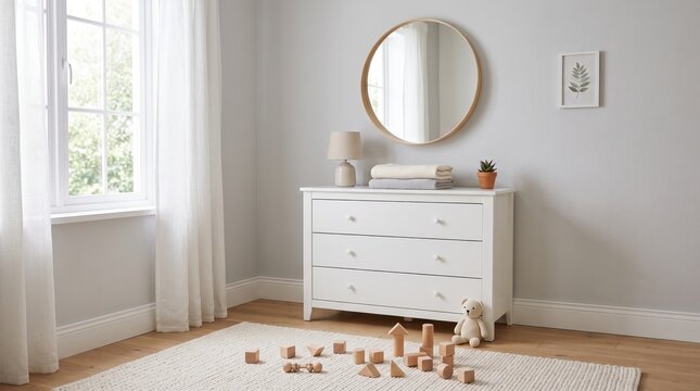 Bright and airy nursery room interior featuring white wooden dresser chest of drawers, round mirror on wall, soft natural light from window, wooden toy blocks scattered on rug