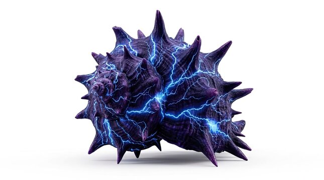 Mystical Spiky Seashell with Electric Blue Lightning Strikes on White Background
