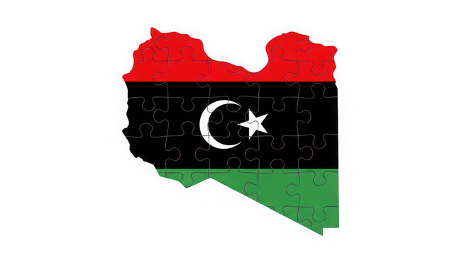 Map of libya with the national flag colors and crescent star symbol isolated on transparent background