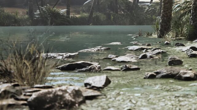 At a river bank, water flows gently around scattered rocks and patches of plants. Trees line the edge, creating an outdoor environment in nature.
