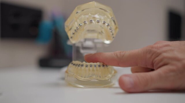 Close up of man hand pointing at different parts of orthodontic dental model with braces demonstrating teeth and appliance details. clear plastic mouthpiece shows upper and lower jaws