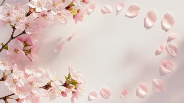 Romantic Valentine Background Featuring Delicate Pale Pink Cherry Blossom Branches and Falling Petals, Cinematic Full HD Motion Graphics