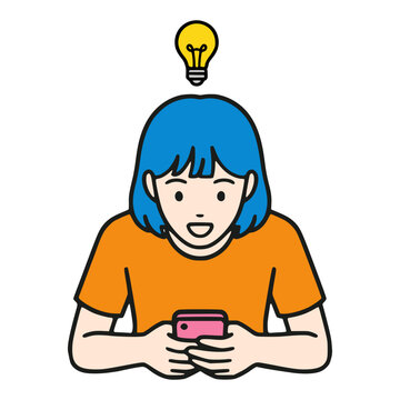 a young woman holding smartphone brainstorming idea creative flat color vector illustration template design