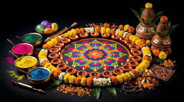 Diwali festival rangoli with diyas and colorful powders