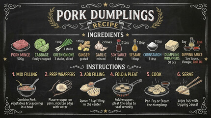 Naklejka premium Vintage Chalkboard Pork Dumplings Recipe Infographic with Ingredients and Step-by-Step Cooking Instructions
