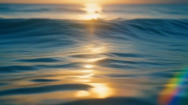 Serene Macro Ocean Waves at Golden Sunrise with Soft Rainbow Lens Flare Reflections in Calm Water
