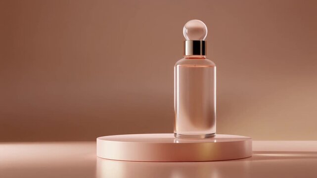 Elegant Transparent Glass Serum Bottle on Round Podium, Minimalist Aesthetic Beauty Product Presentation, Full HD Motion Background