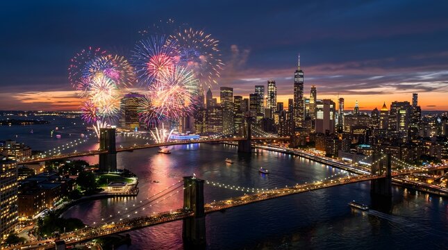 Fireworks display over the brooklyn bridge and new york city skyline