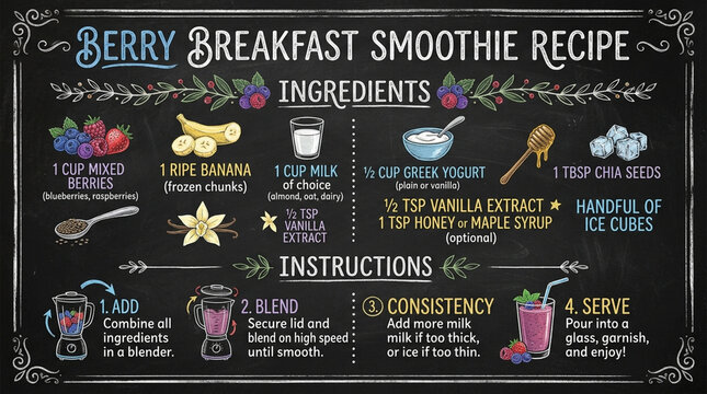 Berry Breakfast Smoothie Recipe Chalkboard Infographic with Healthy Ingredients and Instructions