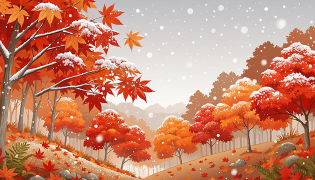 First Snow on Autumn Maple Forest Landscape Generative AI