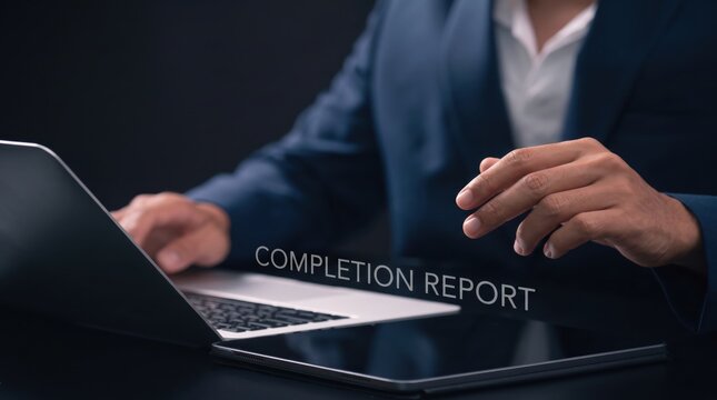 Professional businessman in blue suit working on laptop computer with floating text completion report hovering above keyboard, dark moody emphasizing focus and success