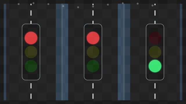 4K 60fps Split Screen Flat Design Traffic Light Animation with Changing Red Yellow and Green Signals