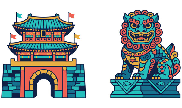 Traditional East Asian fortress gate and guardian lion statue vector illustration set for cultural and travel design