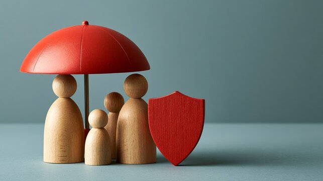 Wooden family figurines with an umbrella and shield representing life insurance and financial protection concept Generative AI