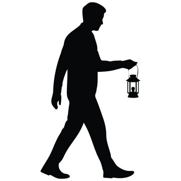 Man walking with a lantern for guidance and exploration concept.