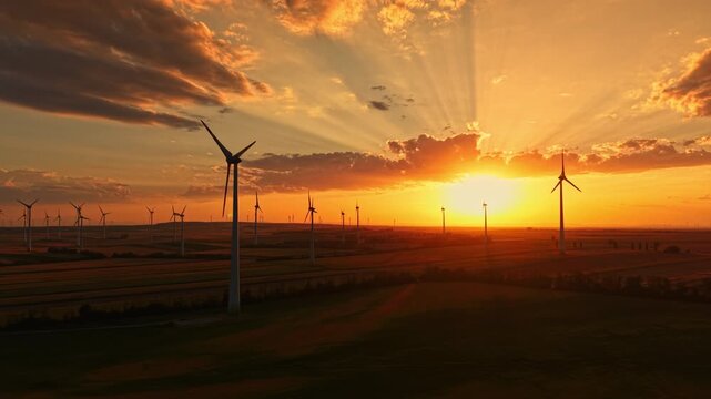Wind turbines stand tall as the sun sets behind them. The sky shows shades of orange and yellow. This scene takes place in an open area during the evening.