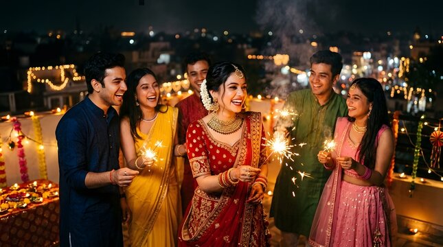 Group of friends celebrating diwali with sparklers on rooftop