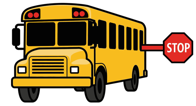 Yellow School Bus Vector Icon with Extended Stop Sign