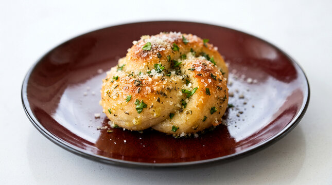 fresh herb garlic parmesan knots in dish with garlic, herb and parmesan garnish, white background