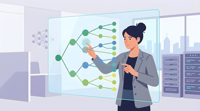 A professional business woman interacting with a futuristic decision tree diagram on a transparent digital touch screen.