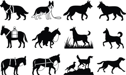 Fototapeta premium Working dogs and pack donkeys black silhouette collection featuring domestic animals, service canines, and burdened equines isolated on white