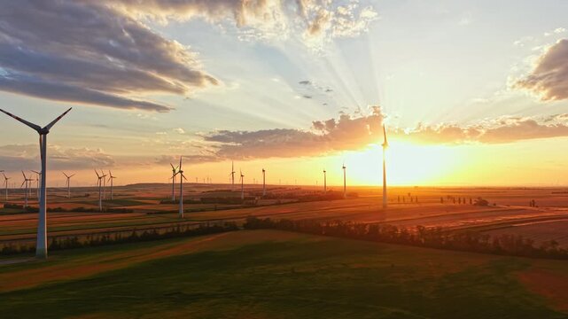 Sunset shows a wind farm with large turbines standing in rows. People can be seen in the distance. The sky is bright with clouds. Fields stretch out under the colorful sky.