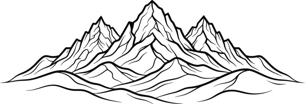 Hand drawn sketch of majestic mountain range with detailed peaks and valleys