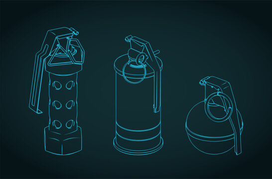 Hand grenades set isometric blueprints illustration