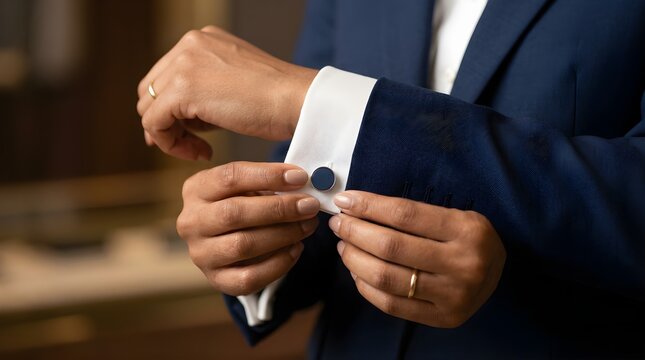 Professional man adjusting blue cufflinks on his shirt sleeve for work