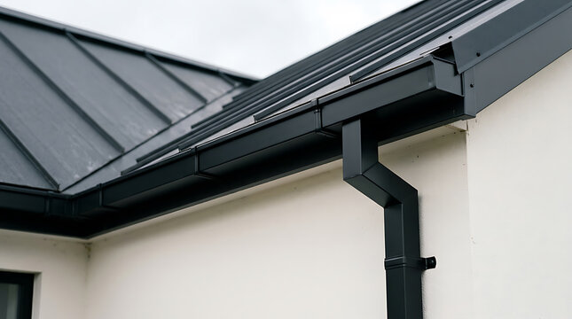 Modern residential house roof with metal roofing panels and gutter system in a contemporary architectural style