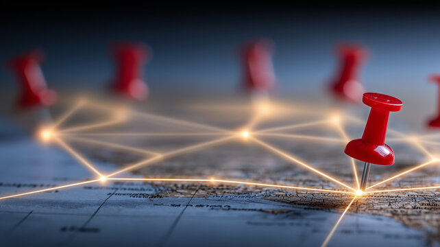 Push pins connected across a geographic map represent route planning logistics networks and strategic location connectivity.
