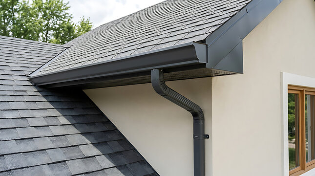 Modern residential building with sleek gray roof shingles and strategic rain gutter system highlighting contemporary