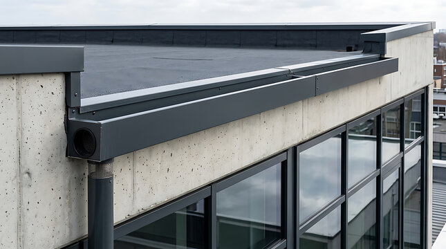 Contemporary urban building rooftop showcasing modern architectural design with large glass windows and sleek roofing elements