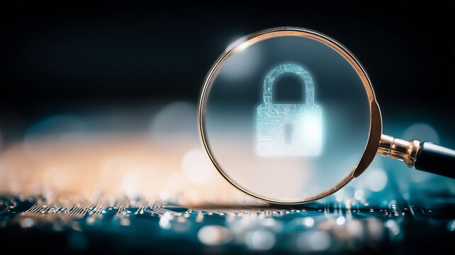 A magnifying glass focused on a digital padlock represents cyber security risk assessment and protection of sensitive data.
