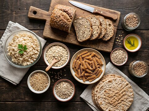 A rustic assortment of wholesome whole grain products including sliced artisan bread porridge pasta and flatbread arranged attractively on a dark wooden tabletop for healthy eating inspiration