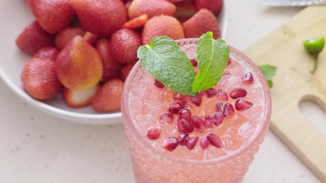 Top view of cold pink strawberry cocktail with crushed ice garnished with fresh mint leaves and pomegranate seeds in a textured glass