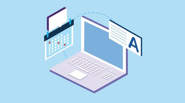 Laptop with calendar and text documents motion graphic animation showing work organization and digital productivity.