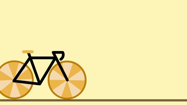 Minimalist black road bike with orange spoke wheels moving loop animation riding on ground line yellow background